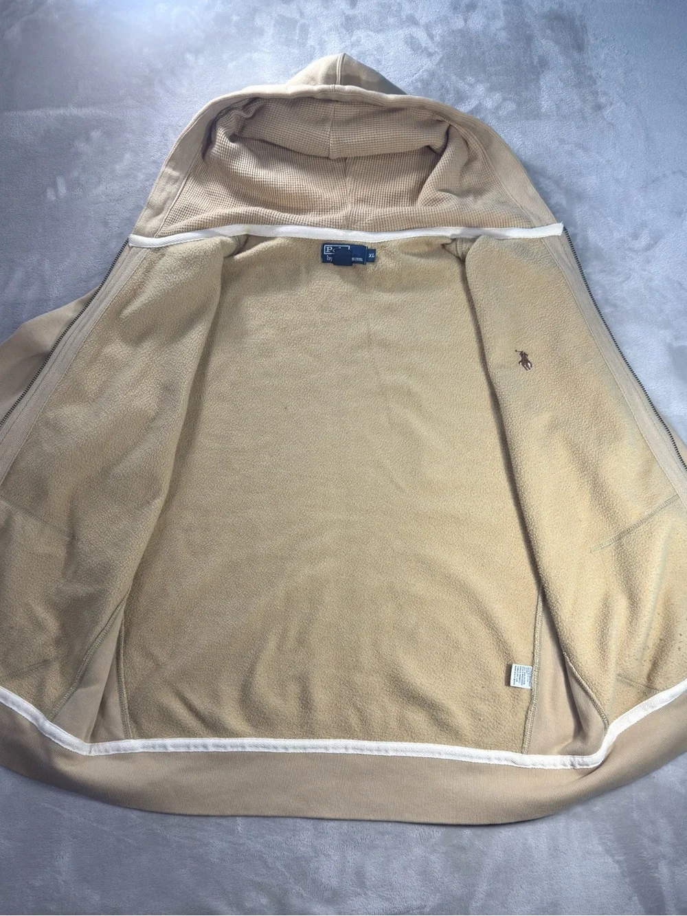 Vintage Polo Ralph Lauren Beige Full Zip Hoodie Men's Sz XL Waffle Lined